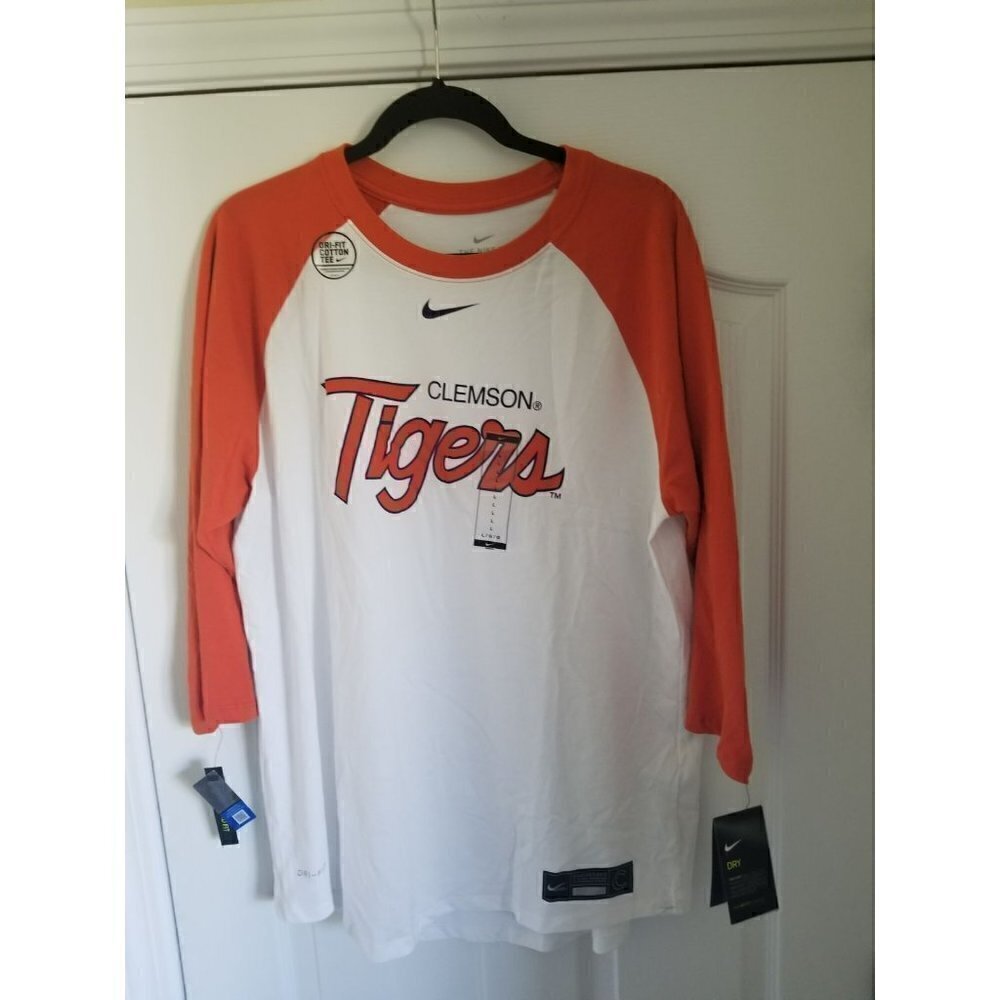 NIKE Men's Clemson Tigers White Dri-Fit ¾ Sleeve Baseball T-Shirt